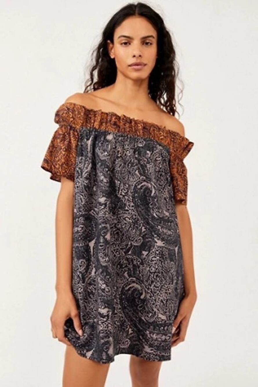 Free People NWT Paisley Puff Sleeve Midi Dress Brown Black Boho Size L